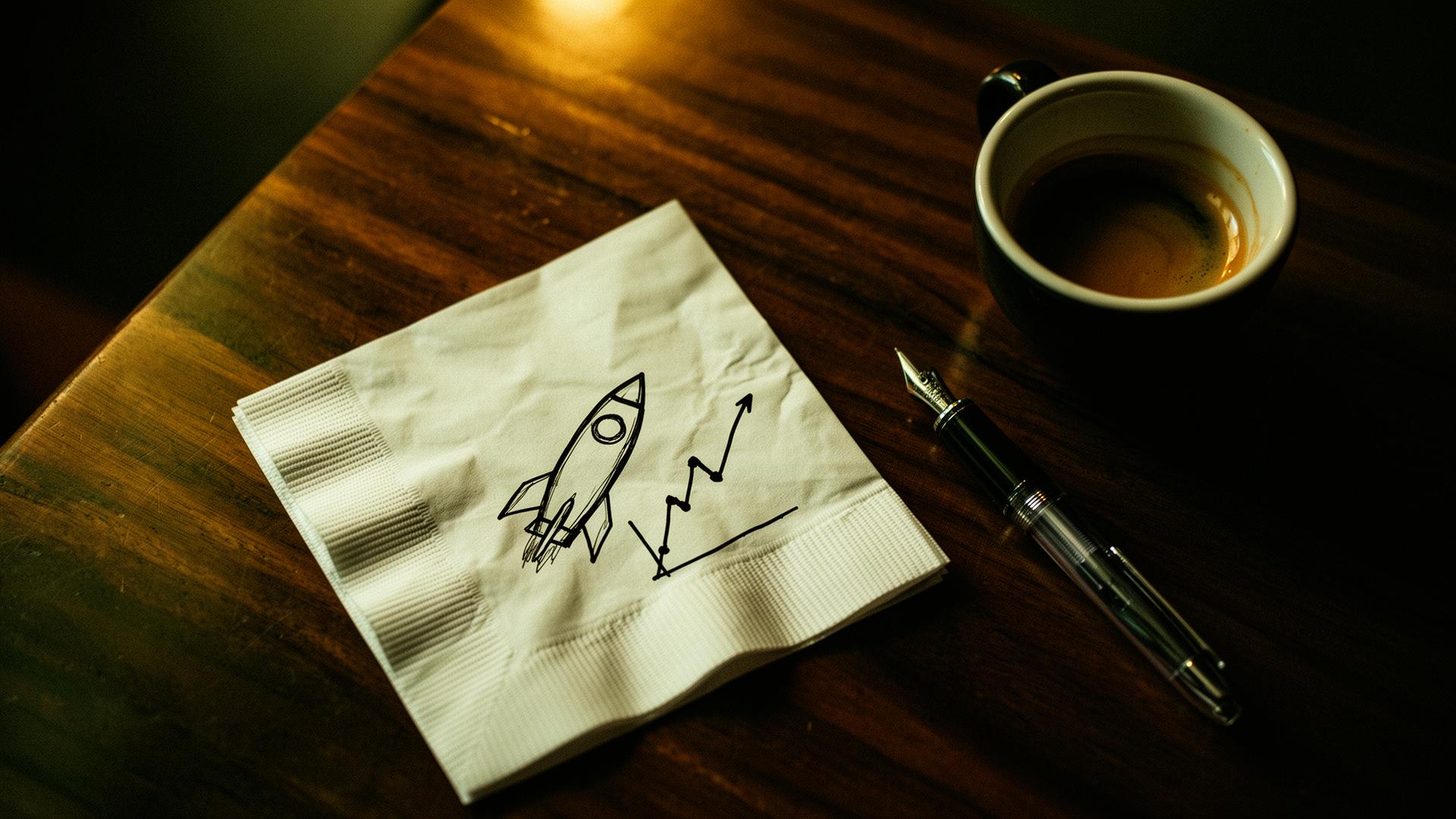Hand-sketched rocket ship and growth chart on a cocktail napkin beside an espresso
