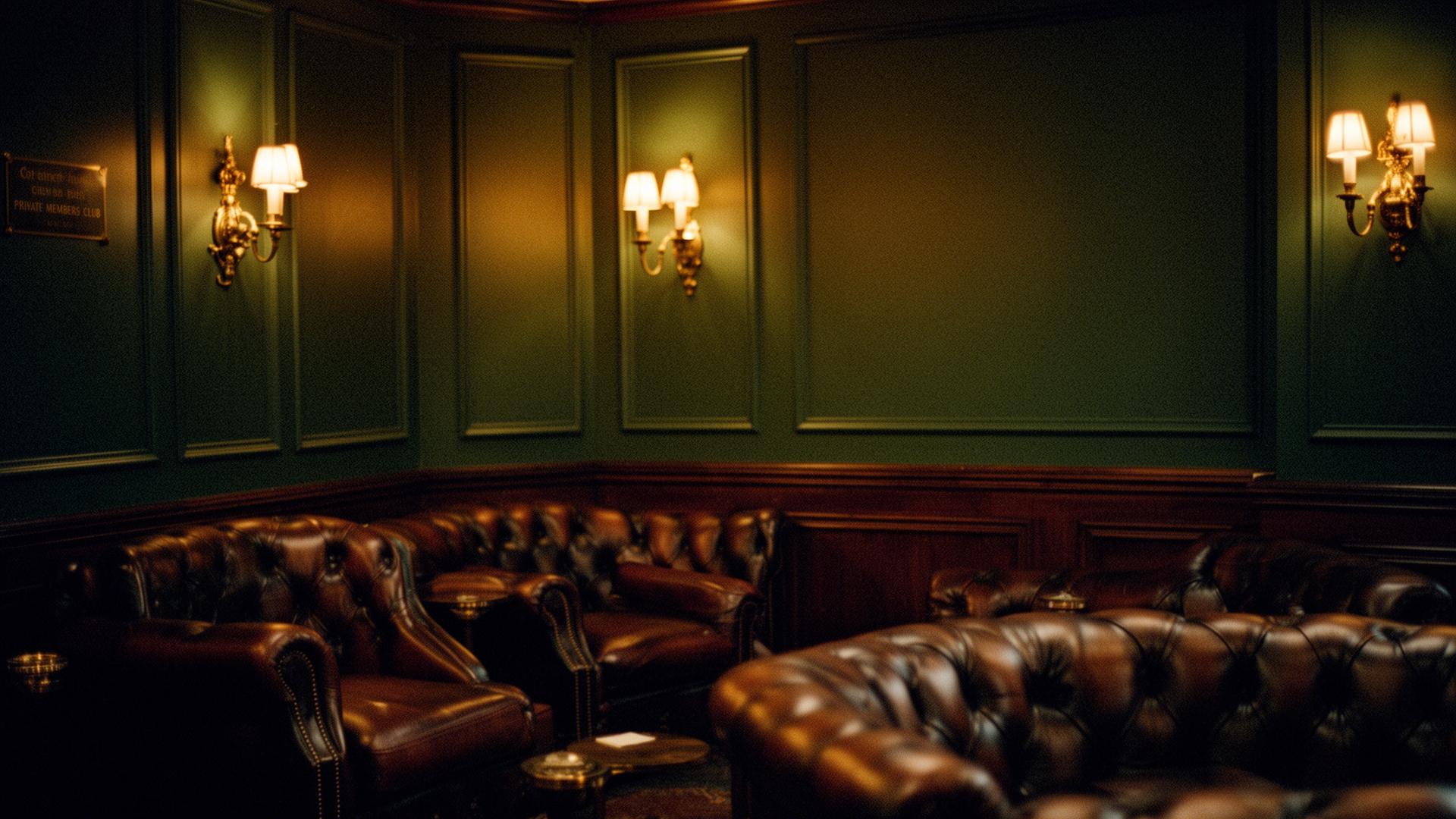 Wood-paneled private members club lounge with green walls and brass sconces